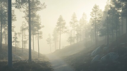 Obraz premium Misty forest path with trees and rocks.