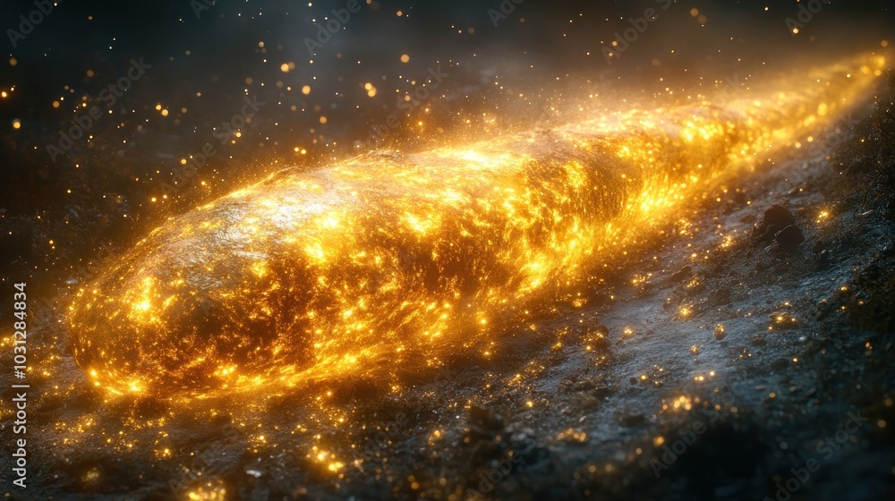 Poster a glowing, comet-like object surrounded by sparkling particles.