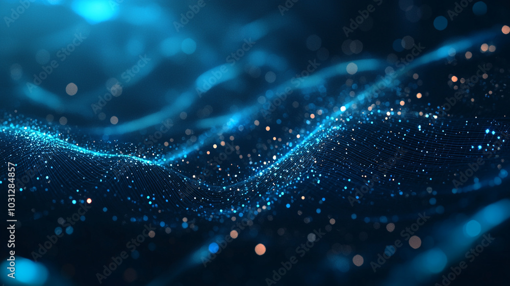Poster abstract blue waves with glowing particles creating a digital atmosphere and depth