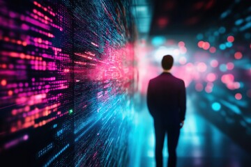 A lone figure stands solitary and contemplative their silhouette casting a pensive shadow against a backdrop of a futuristic digital landscape  Swirling neon lights glitching pixel formations