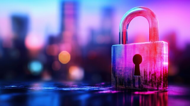 A glowing padlock icon silhouetted against a blurred cityscape at night representing digital security privacy and protection in the modern technological world