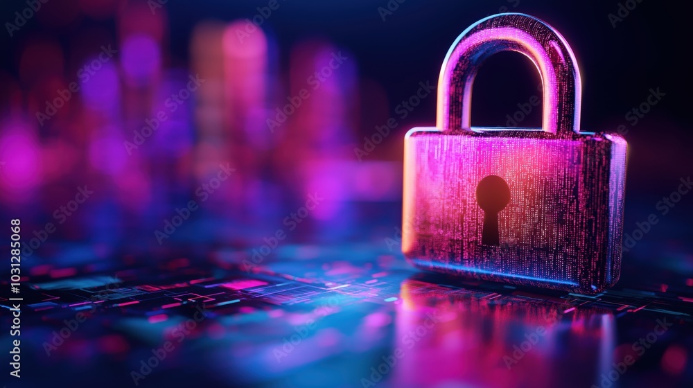 Poster a vibrant neon lit padlock set against a dark mysterious backdrop symbolizing the importance of digi