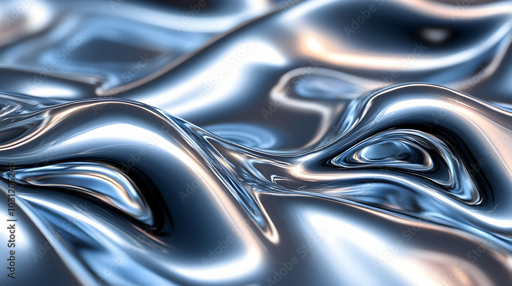 Poster abstract metallic waves reflecting light in a fluid-like texture.
