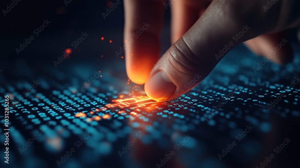Poster close up of a human hand finger gently touching the surface of a glowing electronic circuit board fi