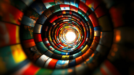 A spiral of international flags leading to a bright center.