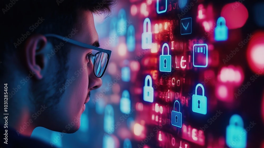 Aufkleber cybersecurity and digital protection concepts illustrated with technology symbols and icons glowing 