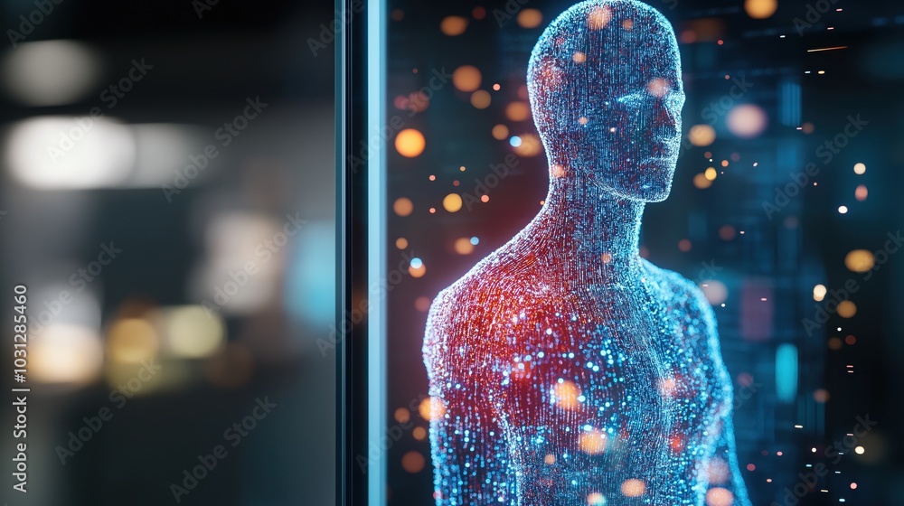 Poster digital humanoid figure emitting neon glow and holographic sparkles against dark futuristic space ba