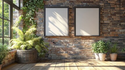 Two blank frames on brick wall with plants and sunlight.