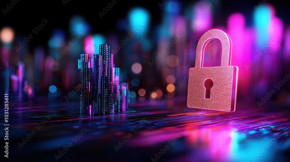Poster futuristic and colorful digital security with a glowing cyberspace backdrop the image showcases a ne