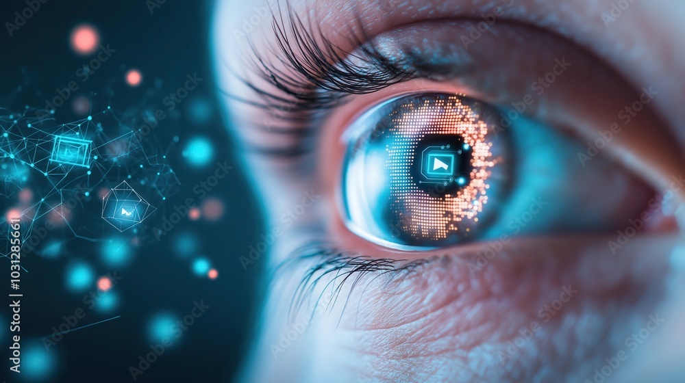 Poster futuristic close up view of a cyborg eye with glowing digital circuits neon light effects and chrome