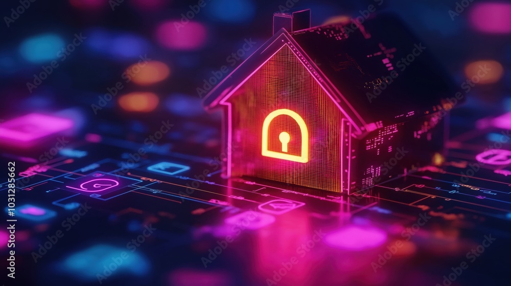 Poster futuristic 3d rendering of a glowing digital smart home with cyber security protection and network t