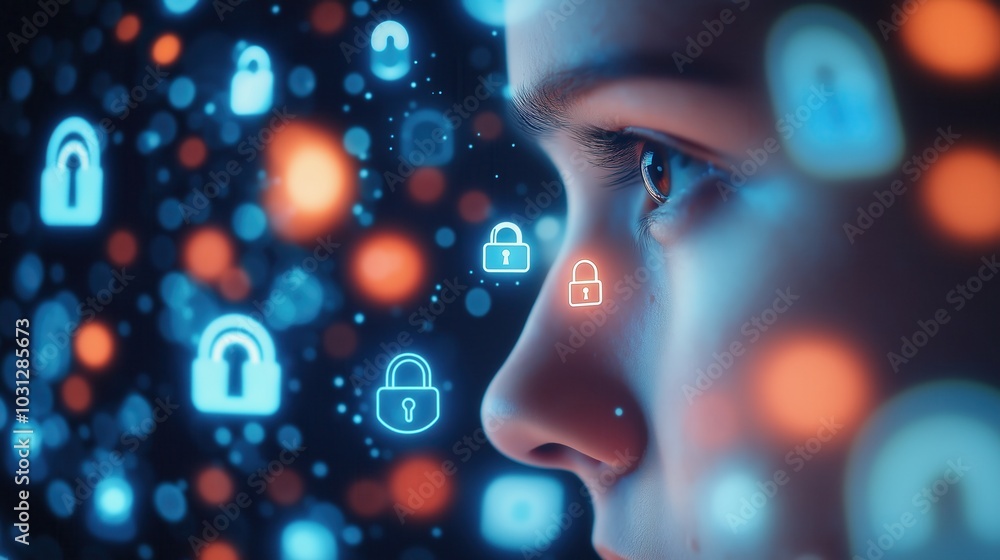 Poster futuristic cybersecurity digital protection and online safety concept with glowing locks and abstrac