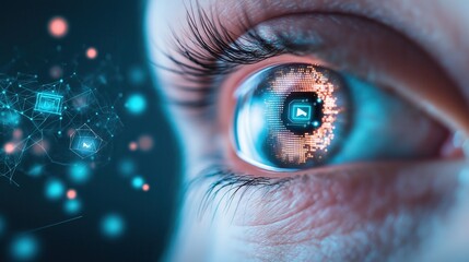 Futuristic close up view of a cyborg eye with glowing digital circuits neon light effects and chrome metallic textures  Concept of advanced intelligence biometrics and cybertechnology