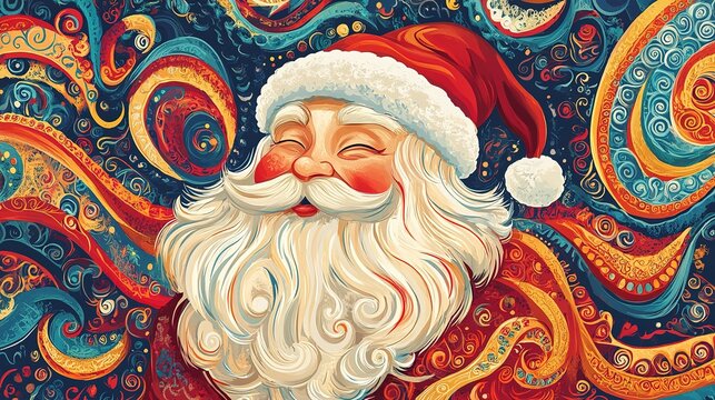 A highly detailed 2D fantasy vector illustration of Russian Santa Claus in ethnic patterns, designed in a children's primitive drawing style. This vibrant artwork showcases complex, 
