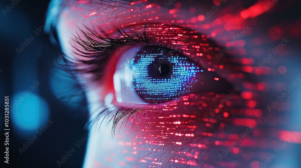 Poster futuristic digital eye with glowing data particles and neon energy bionic cyborg vision concept with