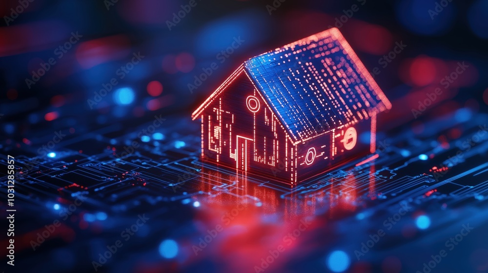 Poster futuristic digital home with glowing neon circuits and sensor network representing the automation in