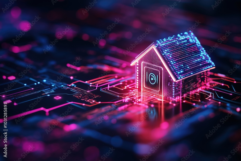 Poster futuristic digital landscape with neon lit smart home architecture illustrating the concept of advan