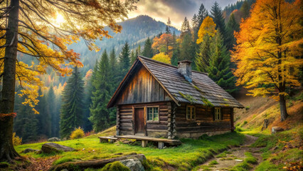 old house in the woods quaint log cabin, shrouded in mist, sits peacefully amidst towering pines, bathed in the golden hues of sunrise © Albaloshi