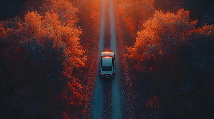 Aerial view of a car on a scenic autumn road surrounded by trees.