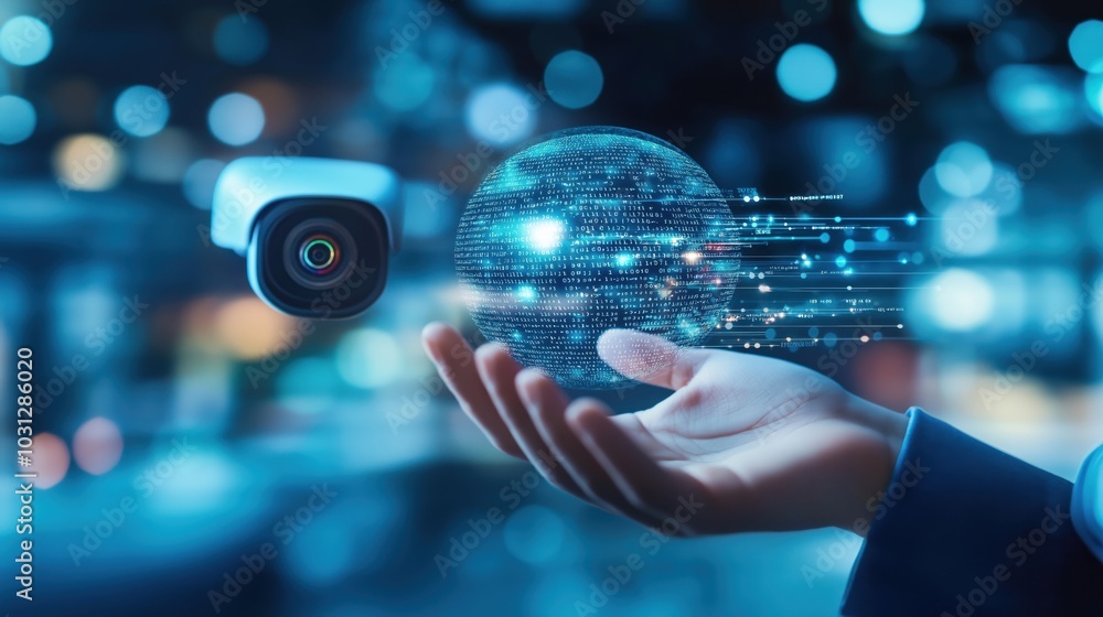 Poster futuristic digital sphere with data flow and cybersecurity concept for high tech innovation and tech
