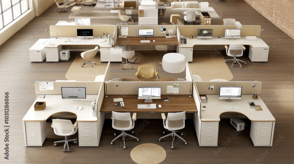 Aufkleber modern office layout with workstations and computers for productivity.