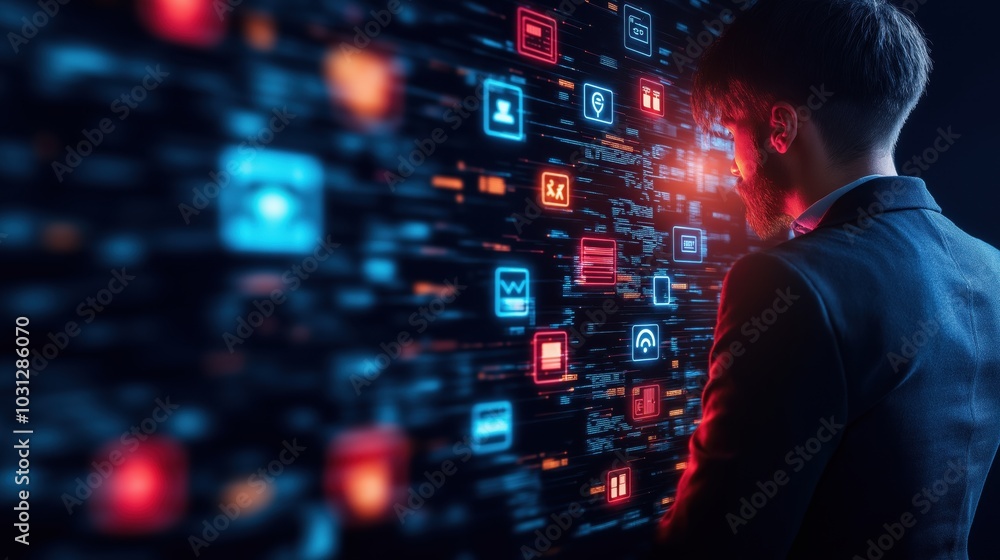 Poster futuristic digital technology interface with holographic data visualization information network and 