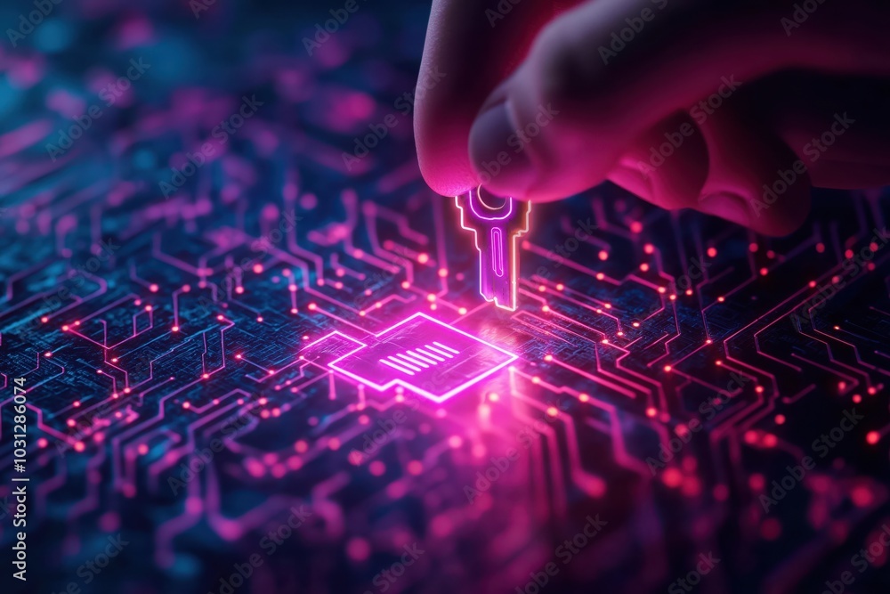 Poster futuristic glowing electronic circuit board with neon lights and digital technology concept abstract
