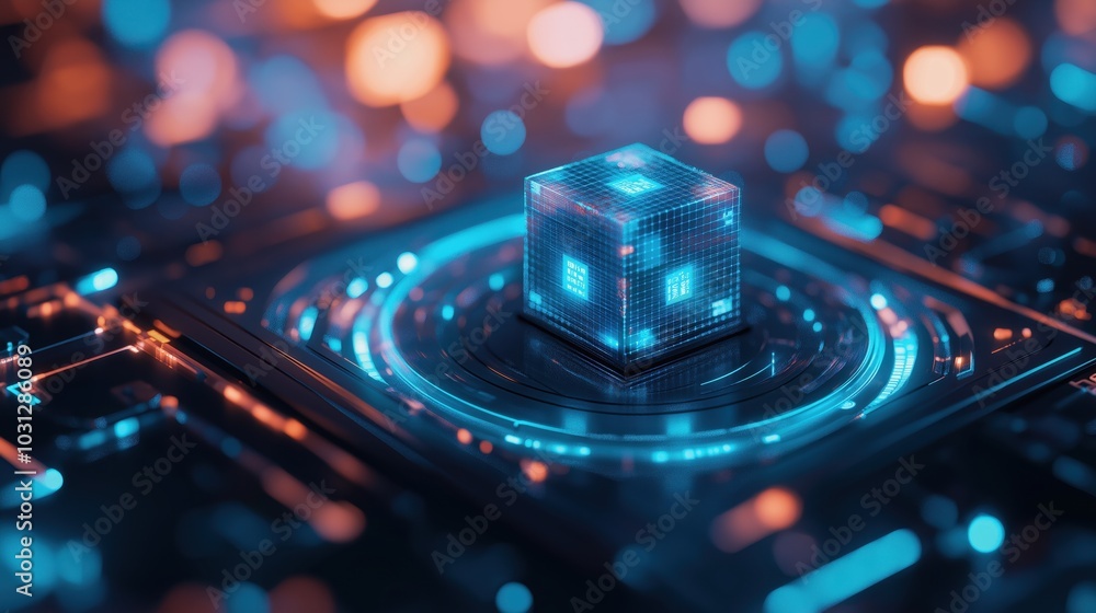 Poster futuristic holographic cube projection on an abstract digital background with glowing geometric shap