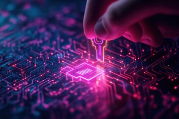 Futuristic glowing electronic circuit board with neon lights and digital technology concept  Abstract background with microchips data intelligence and high tech automation systems