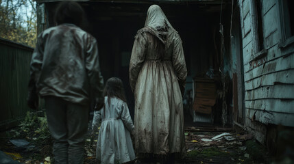 Naklejka premium A dead woman in a white dress is walking with two children