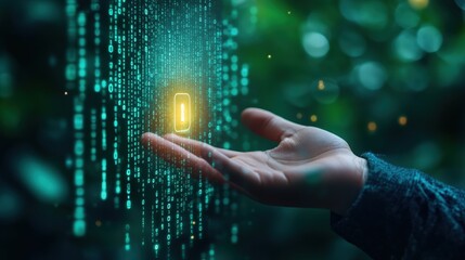 Futuristic digital technology backdrop with a glowing matrix of data binary code and swirling particles of light  Abstract and conceptual visualization of intelligence innovation