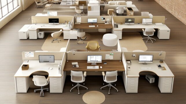 Modern office layout with workstations and computers for productivity.