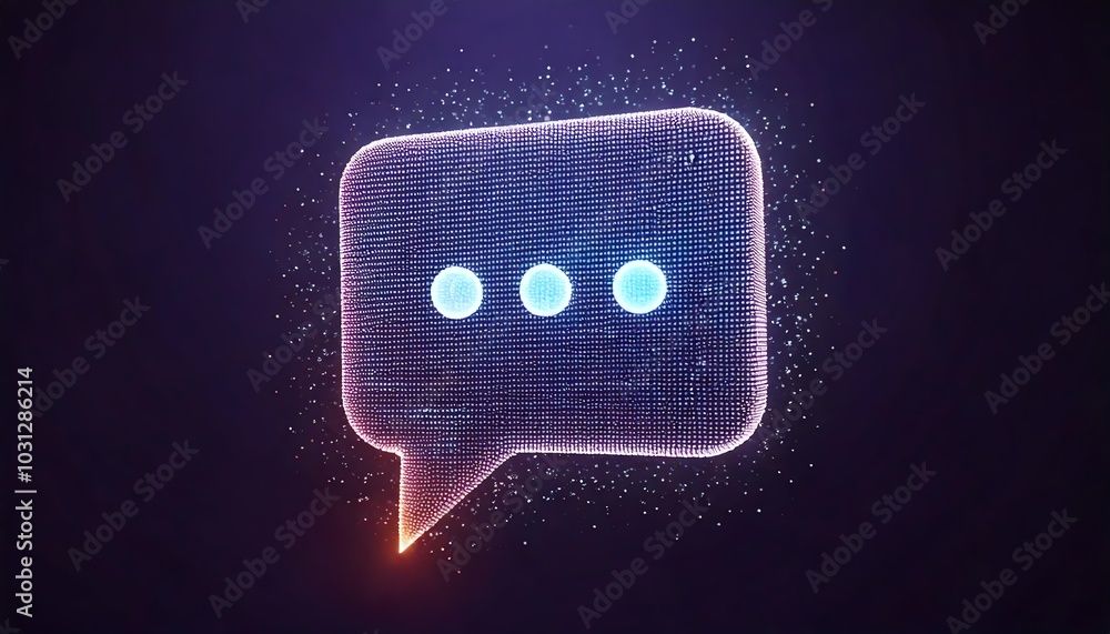 Poster a glowing chat bubble icon made of digital particles, featuring three dots, representing messaging o