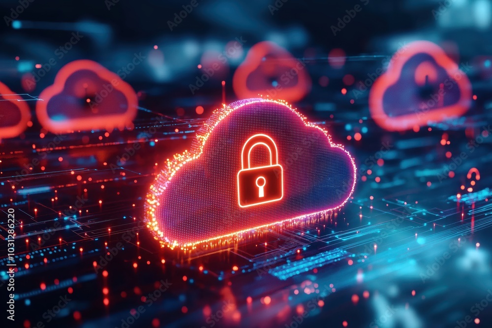 Poster glowing cloud shaped lock symbolizing secure cloud computing and digital protection for online data 