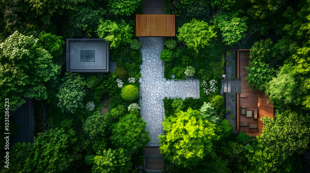 Poster aerial view of a lush garden with pathways and structures.