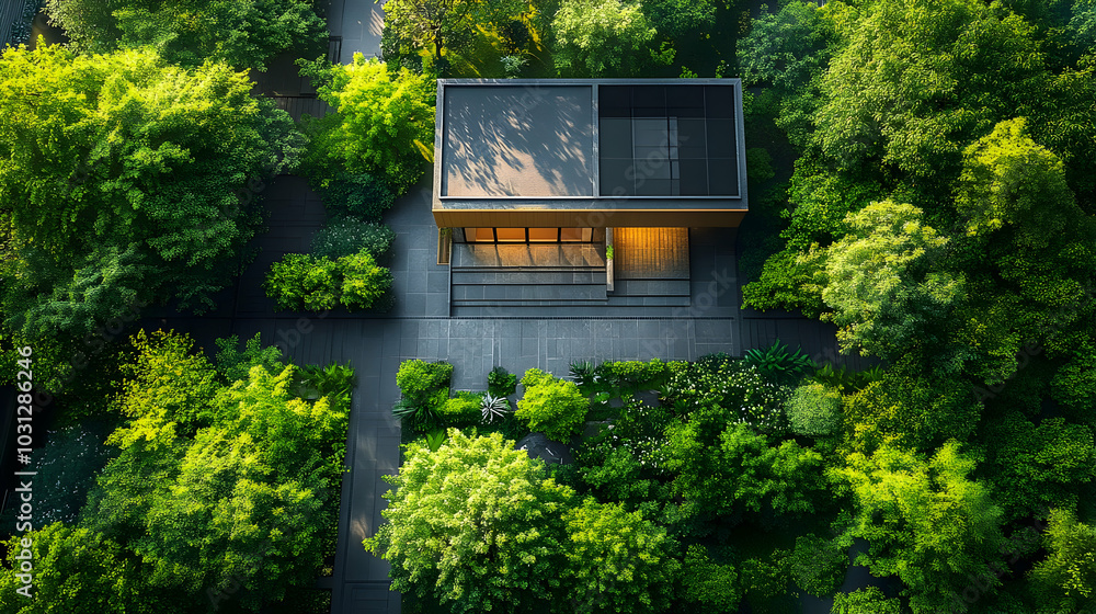 Poster A modern house surrounded by lush greenery and trees.