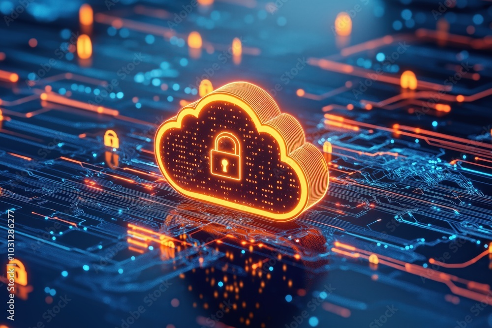 Poster glowing digital cloud icon surrounded by futuristic circuit board and data network represents the co