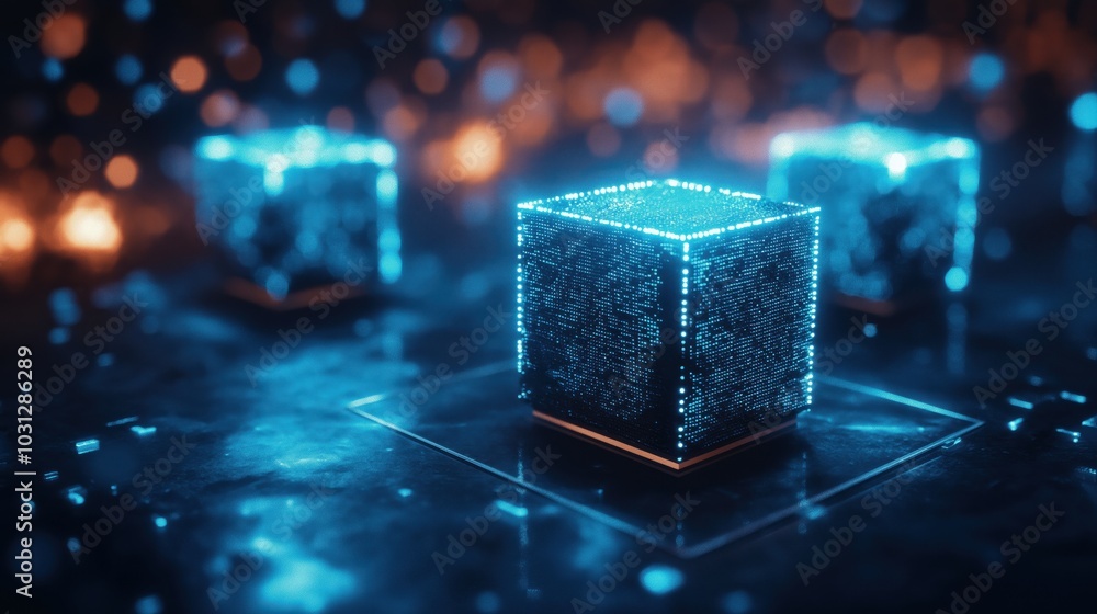 Poster glowing digital cube with illuminated geometric patterns against a futuristic neon space backdrop cr