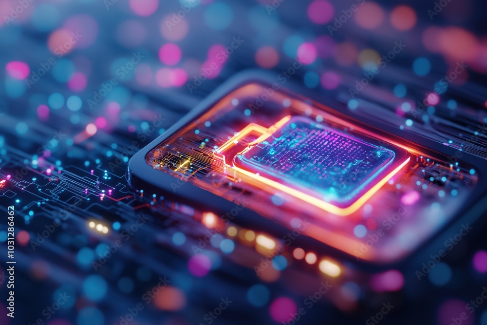 Poster glowing neon circuitry on futuristic technological background with vibrant colors and dynamic patter