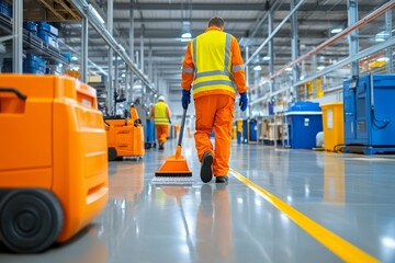 Industrial janitor in a vibrant orange uniform mopping the floor of a clean, well-organized modern warehouse facility.