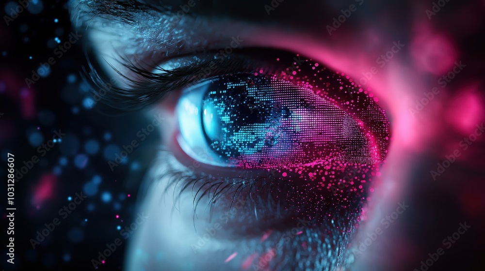 Poster mesmerizing digital eye with glowing cosmic particles and vibrant iridescent hues creating a futuris