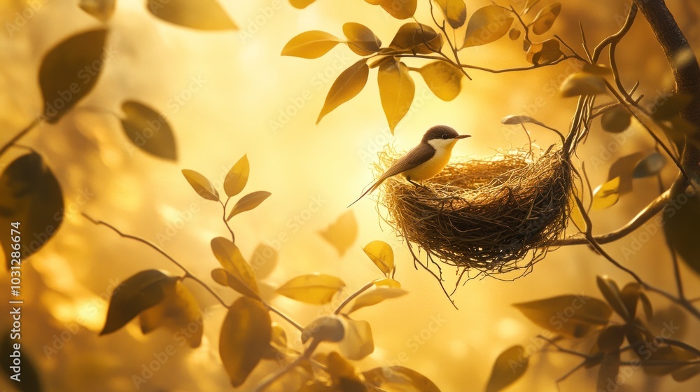 Poster a small bird perched on a nest in a tree with golden sunlight shining through the leaves.