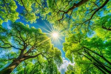Fototapeta premium Bright Sunlight Through Green Tree Branches - Nature Background for Environmental Designs