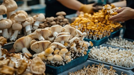 A variety of fresh mushrooms are displayed for sale at a market stall.