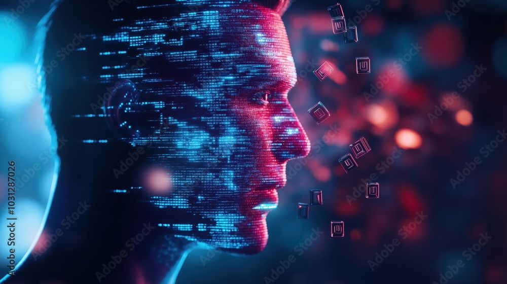 Aufkleber vibrant and colorful cybernetic digital portrait with futuristic data visualization and technology c