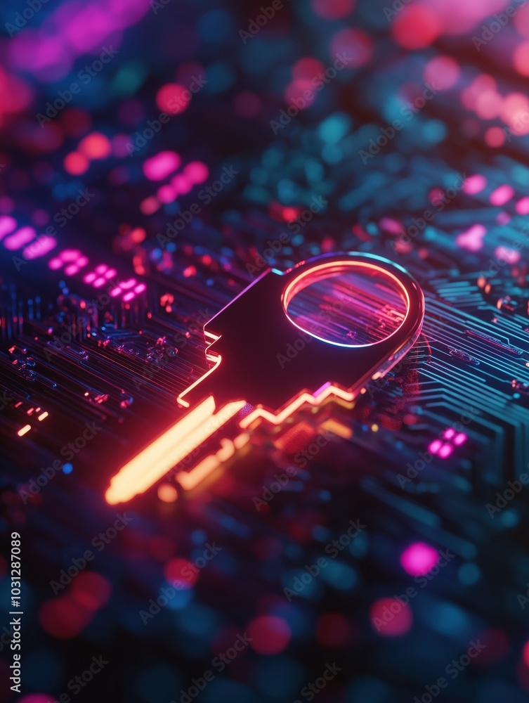 Poster vibrant neon fractal electronics abstract with glowing circuit board microchip and digital data patt