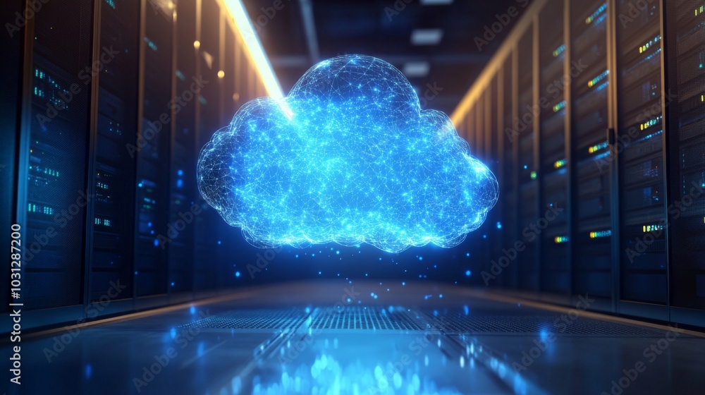 Aufkleber a glowing cloud computing symbol hovers in front of a row of server racks.