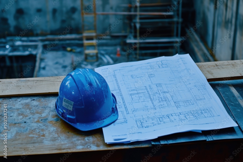 Wall mural safety helmet resting next to open blueprints in a busy construction area