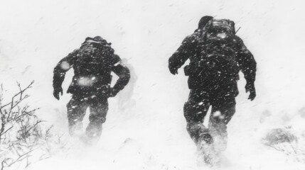 Two people in heavy winter clothing hike through a blizzard, their faces obscured by the swirling snow.