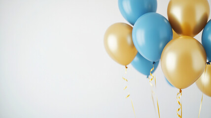 Bright blue and gold balloons float gracefully against blank background, creating festive and cheerful atmosphere perfect for celebrations